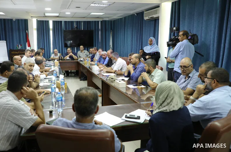 Palestinians attend a meeting on solidarity with prisoners in Israeli Jails in Gaza city on August 28, 2022. Palestinian freedom incarcerated in Israeli prisons dissolved today their representative bodies in all the pris...