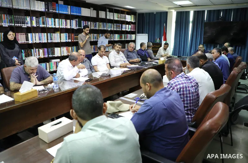 Palestinians attend a meeting on solidarity with prisoners in Israeli Jails in Gaza city on August 28, 2022. Palestinian freedom incarcerated in Israeli prisons dissolved today their representative bodies in all the pris...