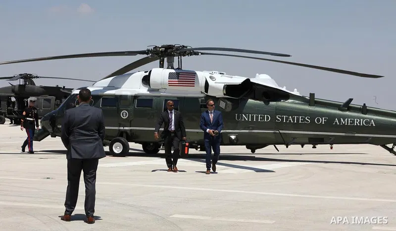 The US president's helicopter, Marine One, flies above Bethlehem in the West Bank as the president heads to Israel's Ben Gurion Airport on July 15, 2022. Biden is travelling to Saudi Arabia after two-day visit to Israel....