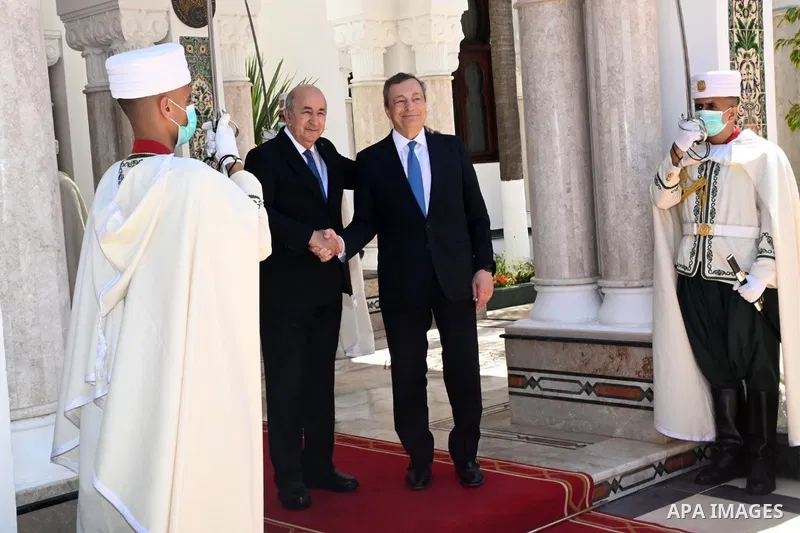 Algerian President Abdelmadjid Tebboune meets with Italian Prime Minister Mario Draghiat the palace of El Mouradia in Algiers, Algeria, 18 July 2022. Draghi is in Algiers to attend the Italo-Algerian intergovernmental su...