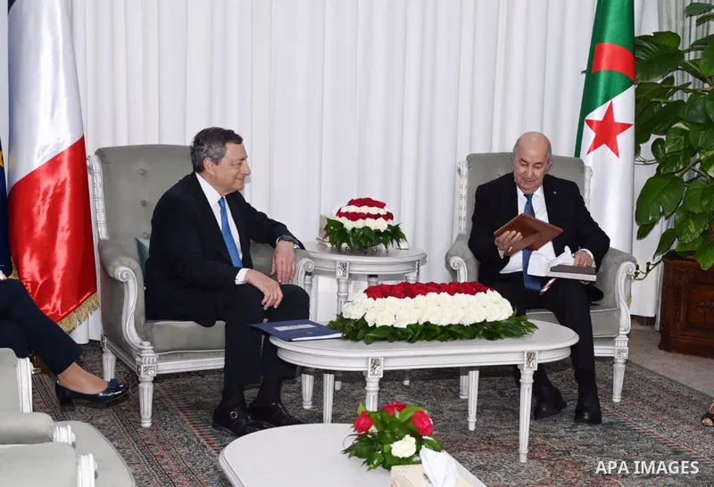 Algerian President Abdelmadjid Tebboune meets with Italian Prime Minister Mario Draghiat the palace of El Mouradia in Algiers, Algeria, 18 July 2022. Draghi is in Algiers to attend the Italo-Algerian intergovernmental su...