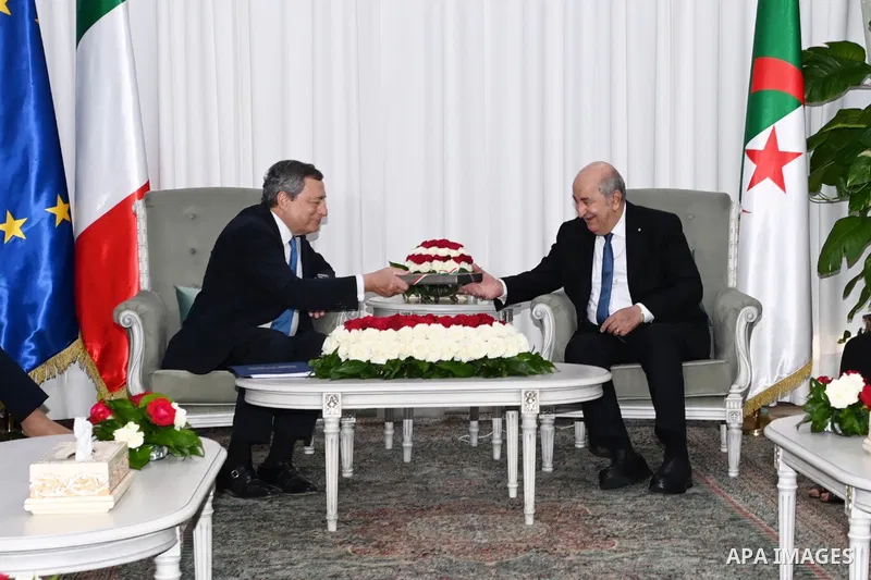 Algerian President Abdelmadjid Tebboune meets with Italian Prime Minister Mario Draghiat the palace of El Mouradia in Algiers, Algeria, 18 July 2022. Draghi is in Algiers to attend the Italo-Algerian intergovernmental su...