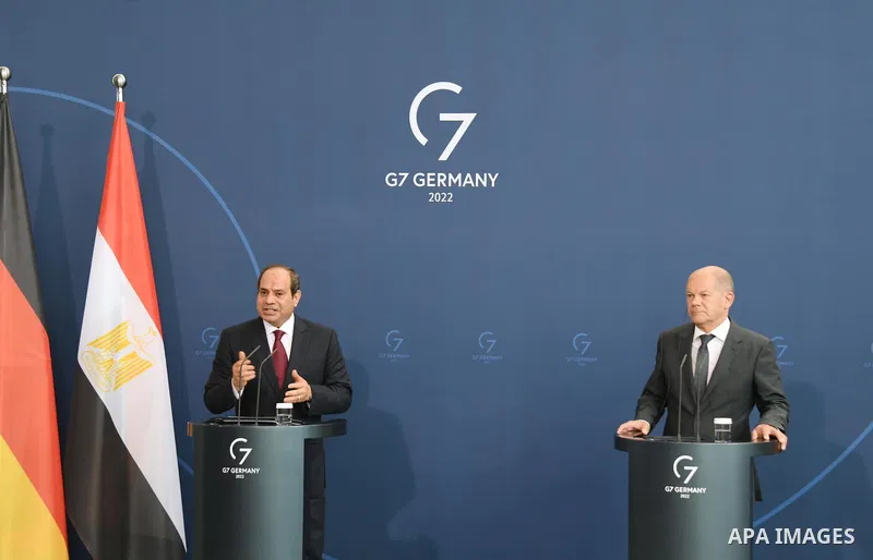 German Chancellor Olaf Scholz holds a press conference with Egyptian President Abdel Fattah el-Sisi at the Chancellery in Berlin, Germany on July 18, 2022. Photo by Egyptian President Office