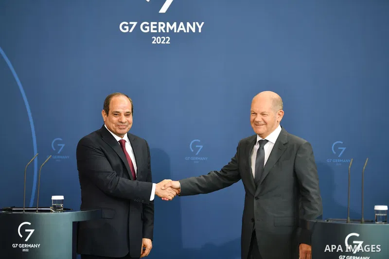 German Chancellor Olaf Scholz holds a press conference with Egyptian President Abdel Fattah el-Sisi at the Chancellery in Berlin, Germany on July 18, 2022. Photo by Egyptian President Office