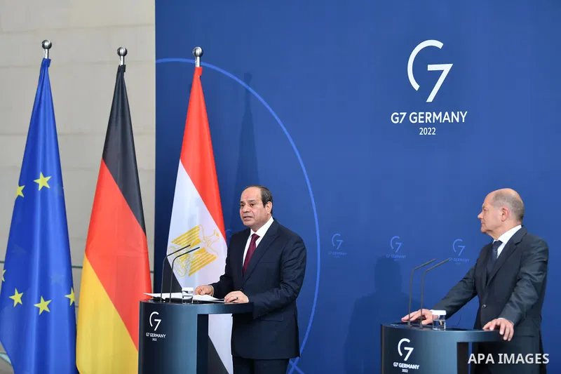 German Chancellor Olaf Scholz holds a press conference with Egyptian President Abdel Fattah el-Sisi at the Chancellery in Berlin, Germany on July 18, 2022. Photo by Egyptian President Office