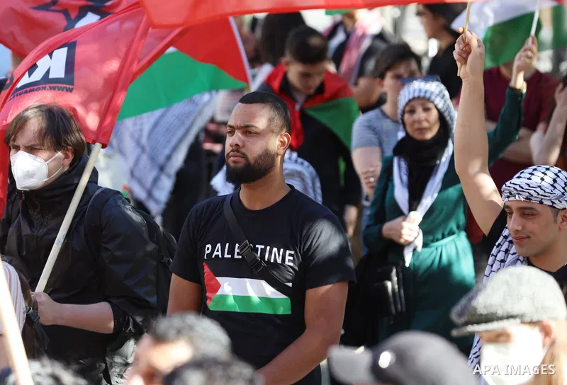 Foreign activists and Palestinians take part in a march to mark Naksa Day (setback) in Berlin, Germany on June 10, 2022. Palestinians mark "Naksa Day" to mourn the 55th anniversary of Israel's occupation of the West Bank...