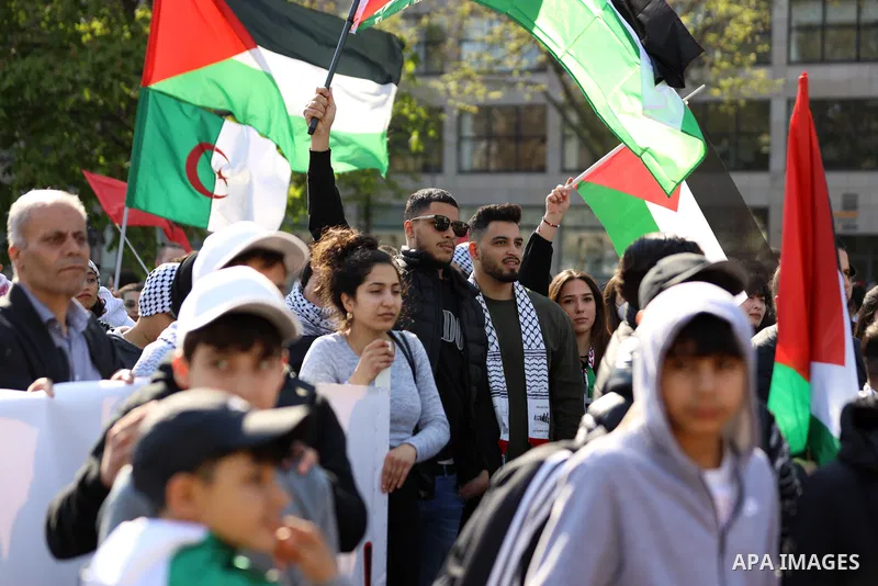 Foreign activists and Palestinians take part in a rally to express support of the Al-Aqsa mosque in Berlin, Germany on April 24, 2022. Tensions have run high between Israelis and Palestinians in recent weeks amid their r...