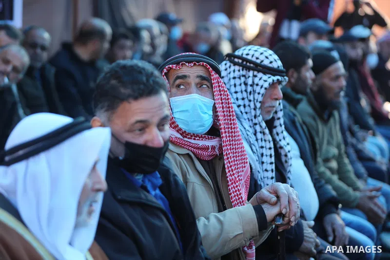 Palestinians take part in a mourn tent of three Palestinians who was killed a previous day by Israeli forces in Gaza city on Feb. 09, 2022. Israeli forces killed three Palestinians on February 8 during a daytime raid, in...