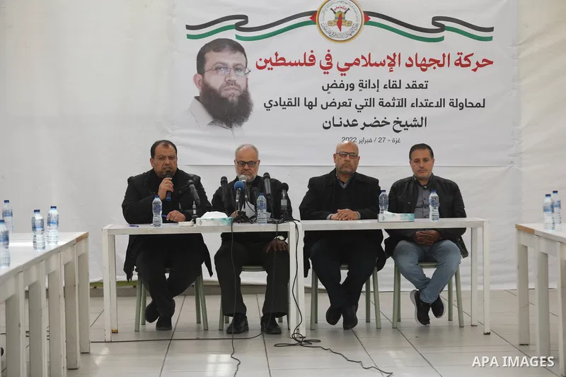 Supporters of the Islamic Jihad Movement hold a press conference on the attack of Leader of the Islamic Jihad Movement, Khader Adnan in Nablus yesterday, in Gaza city on February 27, 2022. Palestinian Islamic Jihad offic...