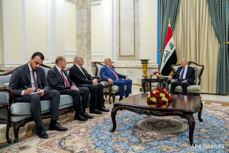 Iraqi President Abd al-Latif Rashid meets with the secretary of the Central Committee of the Fatah movement, head of the Supreme Council for Youth and Sports, Jibril Rajoub, at Baghdad Palace on January 9, 2023. Photo by...