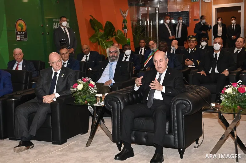 Algerian President Abdelmadjid Tebboune inaugurates the Nelson Mandela Stadium in Algiers on January 12, 2023. Photo by Algerian Presidency Office/APAimages