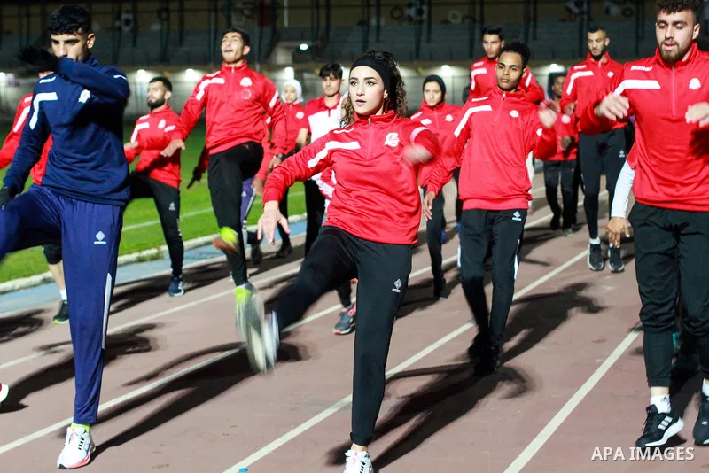 Palestinian athletes from the West Bank train in Yarmouk Stadium before the launch of the Palestine Athletics Championships, in Gaza city on January 24, 2023. Photo by Ali Hamad\ apaimages
