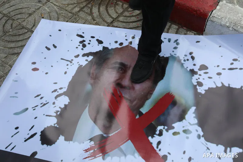 Palestinians take part in a protest against the visiting of US Secretary of State Antony Blinken to the region, in Gaza city on January 31, 2023. Blinken is on his final stop on a Middle East tour aimed at curbing the wo...