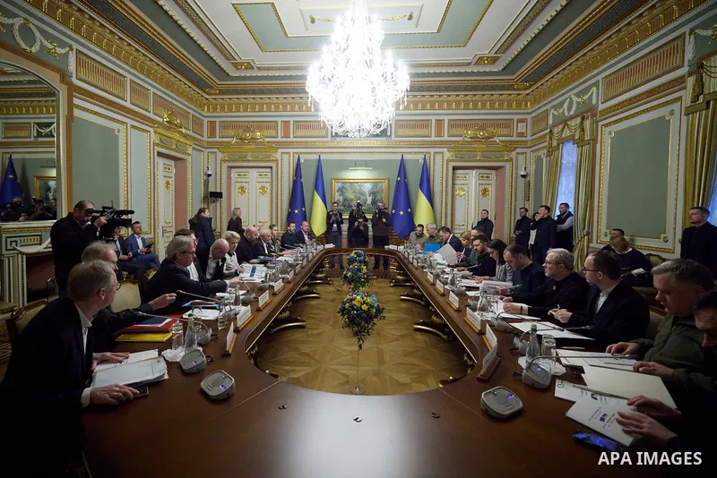 Ukrainian President Volodymyr Zelenskyy attends EU-Ukraine Summit, February 3, 2023 in Kyiv, Ukraine. Zelenskyy hosted a delegation for a European Union summit meeting. Photo by PRESIDENT OF UKRAINE OFFICE\ apaimages