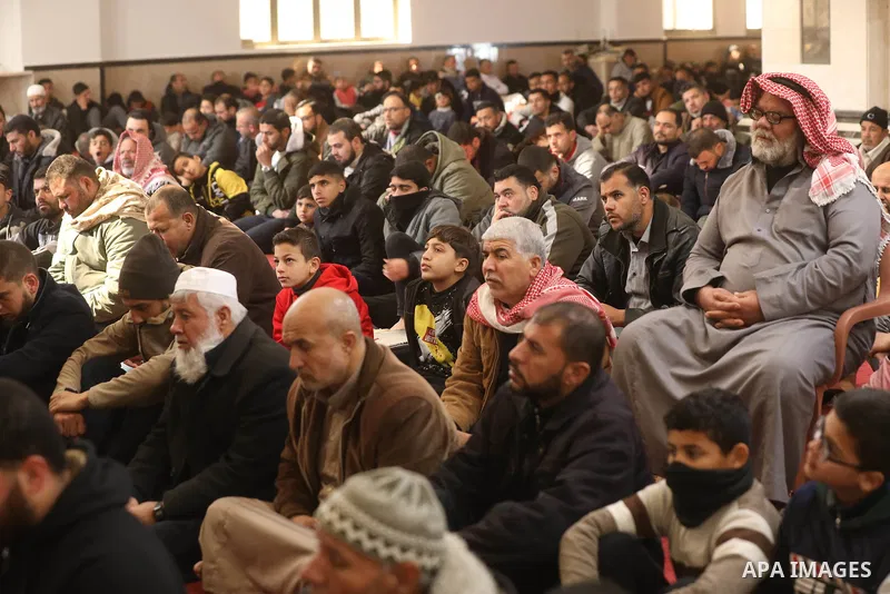 Palestinians perform absentee funeral prayers for the victims of the earthquake in Syria and Turkey at a mosque, in Khan Younis in the southern of Gaza strip on Feb. 10, 2023. More than 22000 people have died and rescuer...