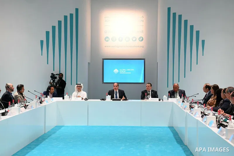 Egyptian President Abdel Fattah El-Sisi participates in the "Billion Startups Roundtable" on the sidelines of the World Government Summit in Dubai on Feb. 13, 2023. Photo by Egyptian President Office/APAimages