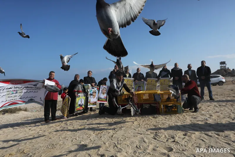 Palestinians take part in racing Pigeon sport as supporting of prisoner in Israeli jails on a beach along the Gaza sea barrier on the border with Israel near Kibbutz Zikim, north of Beit Lahia in the northern Gaza Strip...