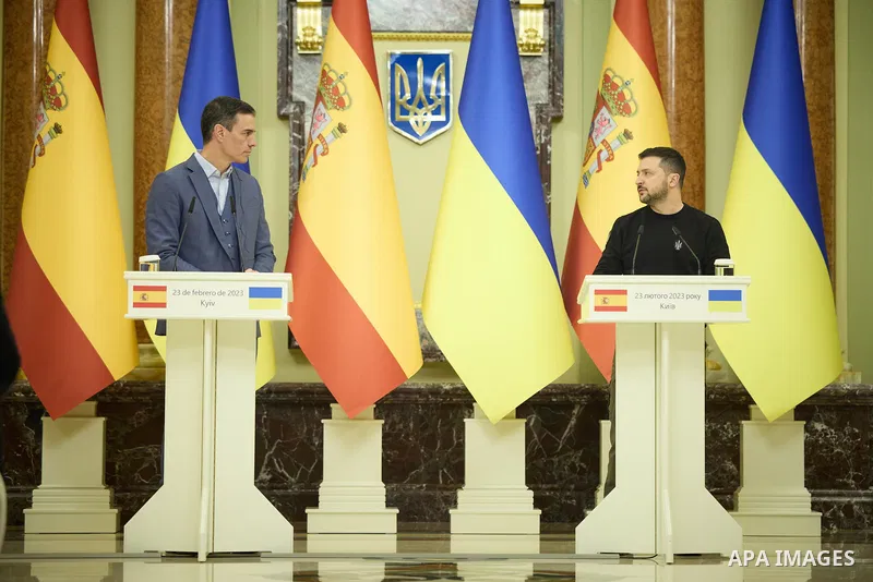 President of Ukraine Volodymyr Zelenskyy meets with Prime Minister of Spain Pedro Sanchez are seen during a joint meeting with the media, Kyiv, capital of Ukraine on February 23, 2023. Photo by PRESIDENT OF UKRAINE\ apai...