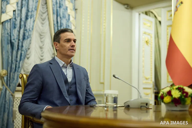 President of Ukraine Volodymyr Zelenskyy meets with Prime Minister of Spain Pedro Sanchez are seen during a joint meeting with the media, Kyiv, capital of Ukraine on February 23, 2023. Photo by PRESIDENT OF UKRAINE\ apai...