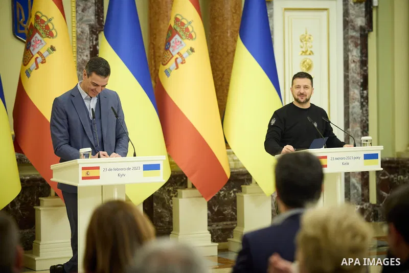 President of Ukraine Volodymyr Zelenskyy meets with Prime Minister of Spain Pedro Sanchez are seen during a joint meeting with the media, Kyiv, capital of Ukraine on February 23, 2023. Photo by PRESIDENT OF UKRAINE\ apai...