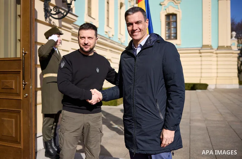 President of Ukraine Volodymyr Zelenskyy meets with Prime Minister of Spain Pedro Sanchez are seen during a joint meeting with the media, Kyiv, capital of Ukraine on February 23, 2023. Photo by PRESIDENT OF UKRAINE\ apai...