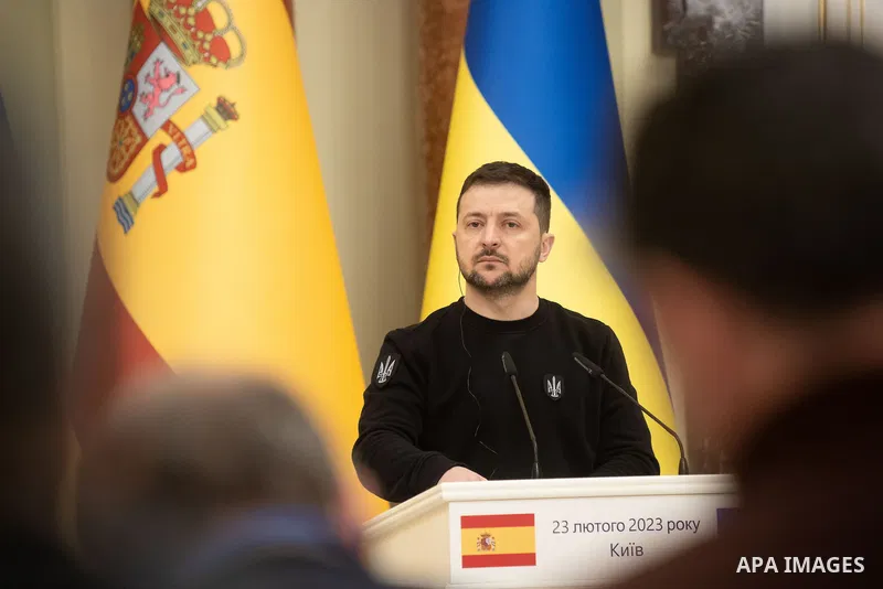 President of Ukraine Volodymyr Zelenskyy meets with Prime Minister of Spain Pedro Sanchez are seen during a joint meeting with the media, Kyiv, capital of Ukraine on February 23, 2023. Photo by PRESIDENT OF UKRAINE\ apai...