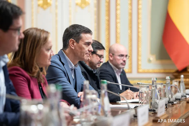 President of Ukraine Volodymyr Zelenskyy meets with Prime Minister of Spain Pedro Sanchez are seen during a joint meeting with the media, Kyiv, capital of Ukraine on February 23, 2023. Photo by PRESIDENT OF UKRAINE\ apai...