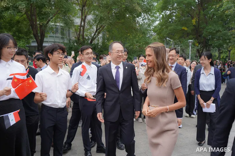 Syrian First Lady Asma al-Assad meets with Arab studies students at the Foreign Studies University in Beijing, Chain on September 26, 2023. Photo by Syrian Presidency\ apaimages