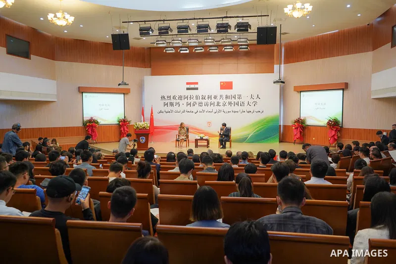 Syrian First Lady Asma al-Assad meets with Arab studies students at the Foreign Studies University in Beijing, Chain on September 26, 2023. Photo by Syrian Presidency\ apaimages
