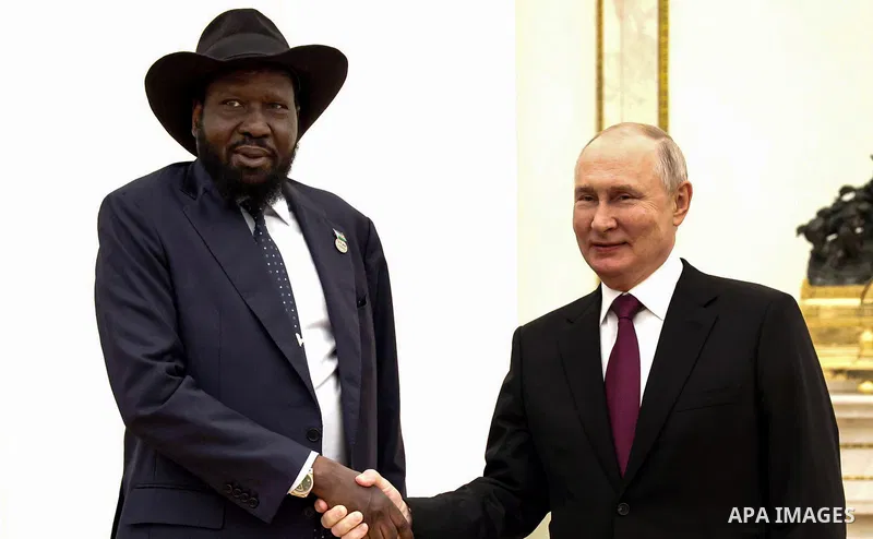 President of Russia Vladimir Putinmeets with South Sudan President Salva Kiir, in Russia on September 28, 2023. Photo by President of Russia \ apaimages.