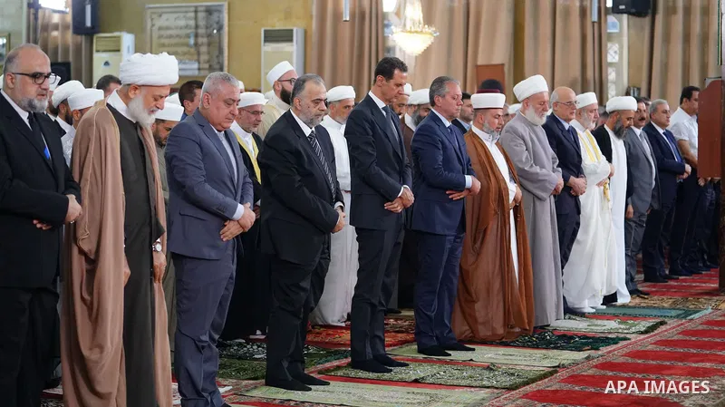 Syrian President Bashar al-Assad participates in commemorating the the birth of the Prophet Muhammad, known in Arabic as Mawlid al-Nabawi at the Omar bin al-Khattab Mosque in Latakia in Syria on 28, 2023. Photo by Syrian...