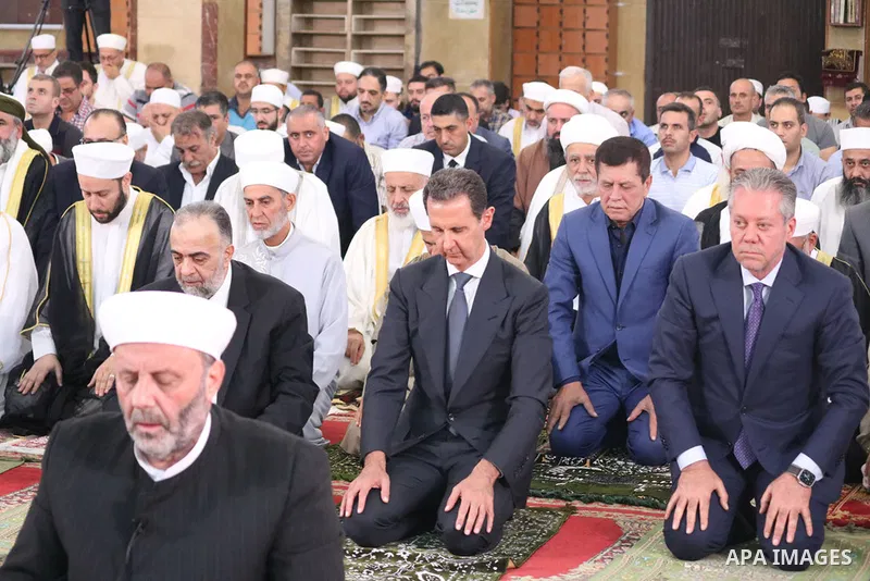 Syrian President Bashar al-Assad participates in commemorating the the birth of the Prophet Muhammad, known in Arabic as Mawlid al-Nabawi at the Omar bin al-Khattab Mosque in Latakia in Syria on 28, 2023. Photo by Syrian...