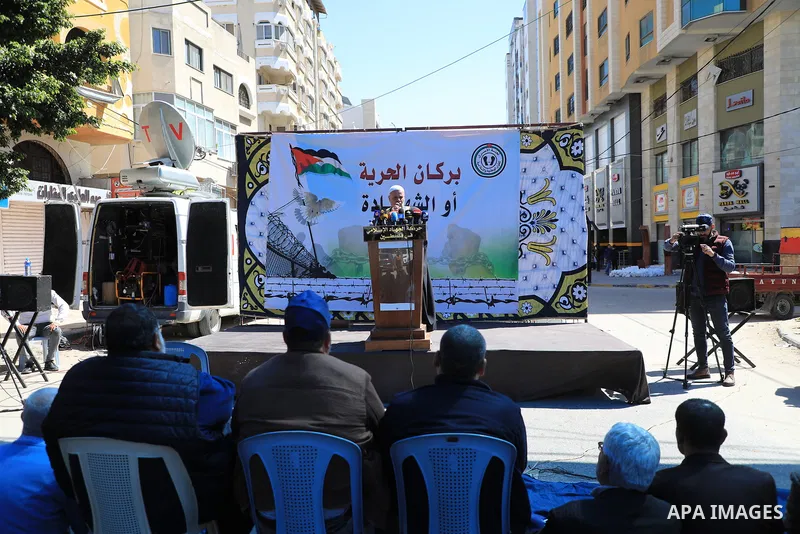 Palestinians attend Friday prayer in front of Red Cross office to support prisoners in Israeli jails, in Gaza city on March 17, 2023. Thousands of Palestinian political prisoners in Israeli prisons continue their civil d...