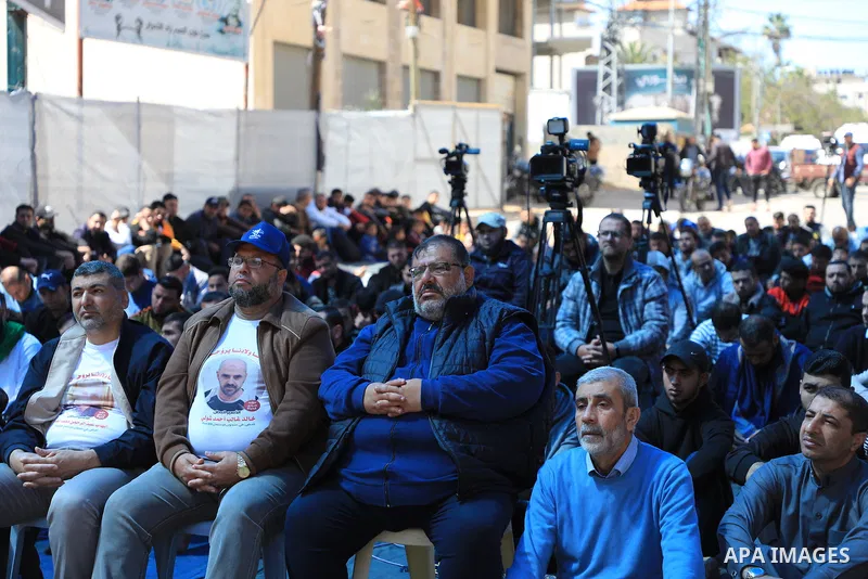 Palestinians attend Friday prayer in front of Red Cross office to support prisoners in Israeli jails, in Gaza city on March 17, 2023. Thousands of Palestinian political prisoners in Israeli prisons continue their civil d...