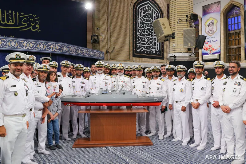 Iran's Supreme Leader Ayatollah Ali Khamenei meets with employees of the Marine Group in iran on August 08, 2023. Photo by Iranian Presidency Office