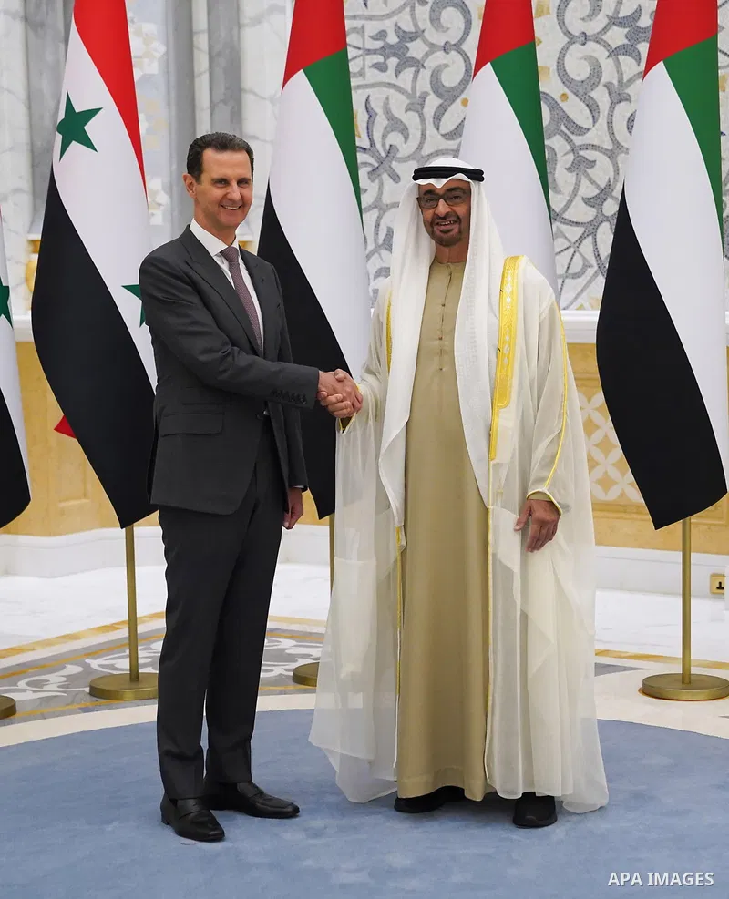 Emirati President Sheikh Mohamed bin Zayed al-Nahyan welcoming his Syrian counterpart Bashar al-Assad in Abu Dhabi on March 19, 2023. Photo by Syrian Presidency\ apaimages