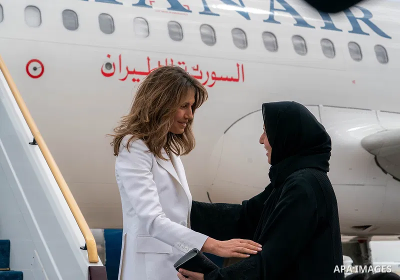Emirati President Sheikh Mohamed bin Zayed al-Nahyan welcoming his Syrian counterpart Bashar al-Assad in Abu Dhabi on March 19, 2023. Photo by Syrian Presidency\ apaimages
