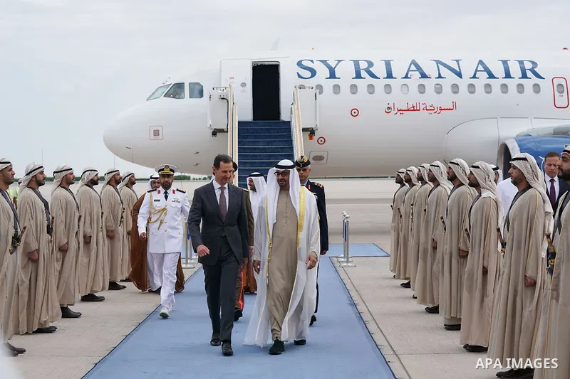 Emirati President Sheikh Mohamed bin Zayed al-Nahyan welcoming his Syrian counterpart Bashar al-Assad in Abu Dhabi on March 19, 2023. Photo by Syrian Presidency\ apaimages