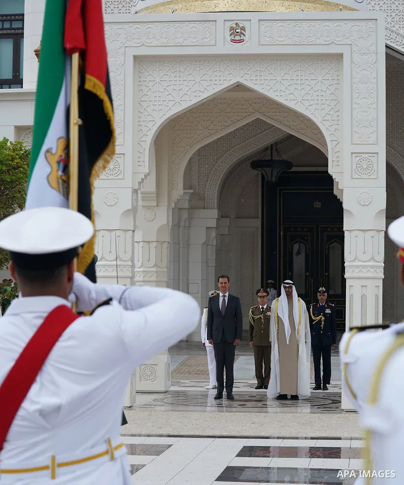 Emirati President Sheikh Mohamed bin Zayed al-Nahyan welcoming his Syrian counterpart Bashar al-Assad in Abu Dhabi on March 19, 2023. Photo by Syrian Presidency\ apaimages