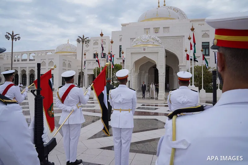 Emirati President Sheikh Mohamed bin Zayed al-Nahyan welcoming his Syrian counterpart Bashar al-Assad in Abu Dhabi on March 19, 2023. Photo by Syrian Presidency\ apaimages