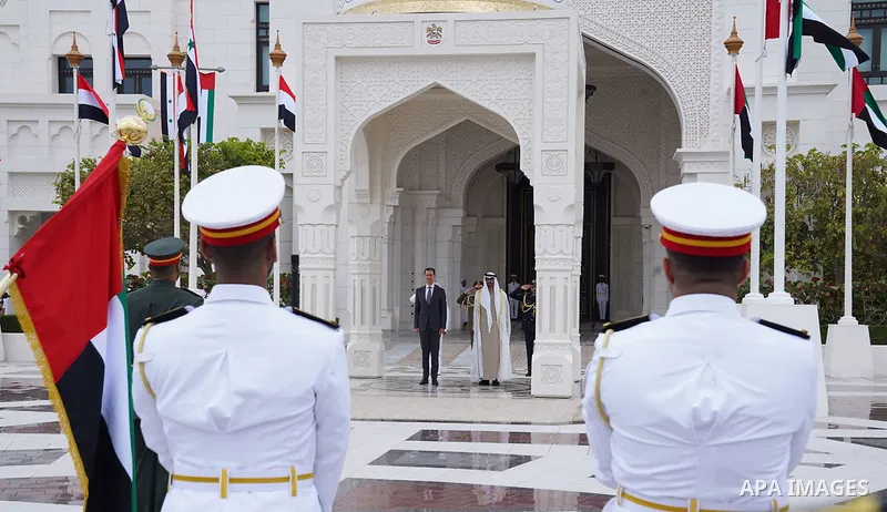 Emirati President Sheikh Mohamed bin Zayed al-Nahyan welcoming his Syrian counterpart Bashar al-Assad in Abu Dhabi on March 19, 2023. Photo by Syrian Presidency\ apaimages