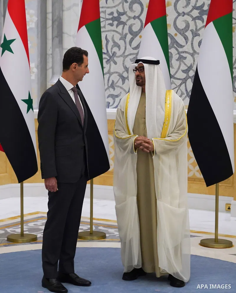 Emirati President Sheikh Mohamed bin Zayed al-Nahyan welcoming his Syrian counterpart Bashar al-Assad in Abu Dhabi on March 19, 2023. Photo by Syrian Presidency\ apaimages