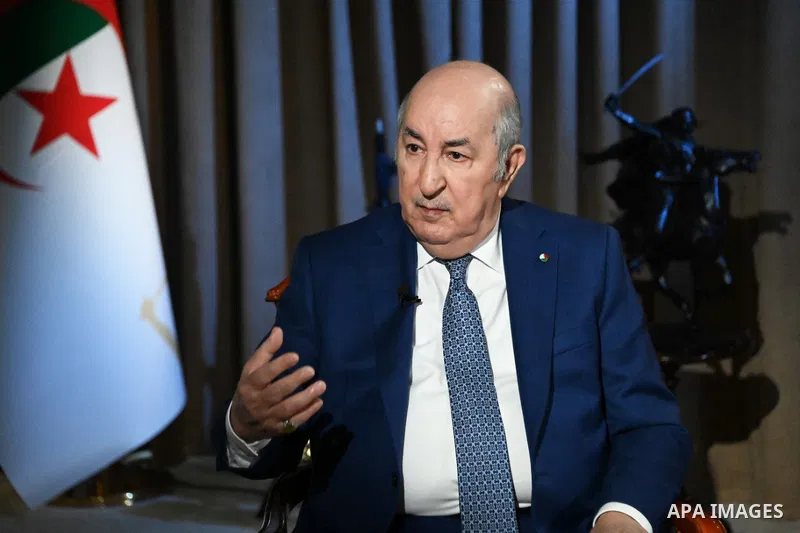 Algerian President Abdelmadjid Tebboune speaks during an interview with Qatar's Al-Jazeera TV in Algiers on March 22, 2023. Photo by Algerian Presidency Office