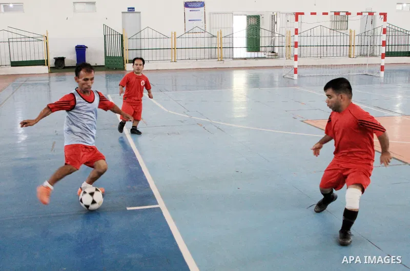Palestinian players of short stature attend the Football training at Saad Sayel Stadium in Gaza city on August 21, 2023. Haitham Al-Sakka, one of the players in the short-stature team, says that the idea of forming the t...