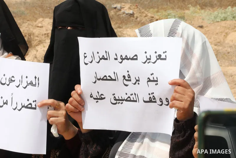 Palestinians farmers take part in a protest against the Israeli blockade, in Al-Bureij refugee camp in the central Strip on August 31, 2023. Gaza’s 2.3 million people are suffering from a 16-year Israeli blockade. Photo...