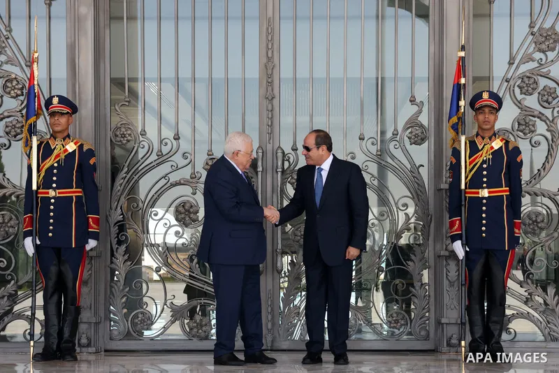Palestinian President Mahmoud Abbas meets his Egyptian counterpart, President Abdel Fattah El-Sisi in al-Alamein, Egypt on July 31, 2023. Photo by Thaer Ganaim\ apaimages