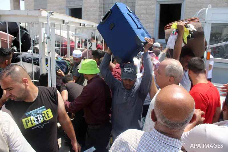 Palestinian pilgrims arrive at the city of Mahmoud Abbas for pilgrims and pilgrims after the annual haj pilgrimage, in the West Bank city of city of Jericho on July 2, 2023. Photo by Mohammed Murrar\ apaimages