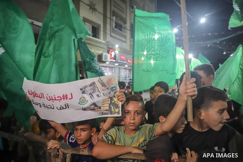 Supporters of Palestinians Hamas movement take part in a demonstration in Jabalia in the northern of Gaza strip on July 3, 2023, protesting an Israeli military operation in the West Bank city of Jenin. Israel has stepped...