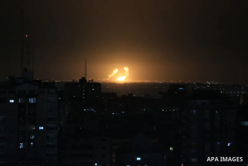 Flames rise from the area after Israeli warplanes launched airstrikes on the central part of the Gaza Strip, on April 07, 2023 in Gaza City. Photo by Bashar Taleb\ apaimages