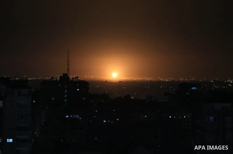 Flames rise from the area after Israeli warplanes launched airstrikes on the central part of the Gaza Strip, on April 07, 2023 in Gaza City. Photo by Bashar Taleb\ apaimages